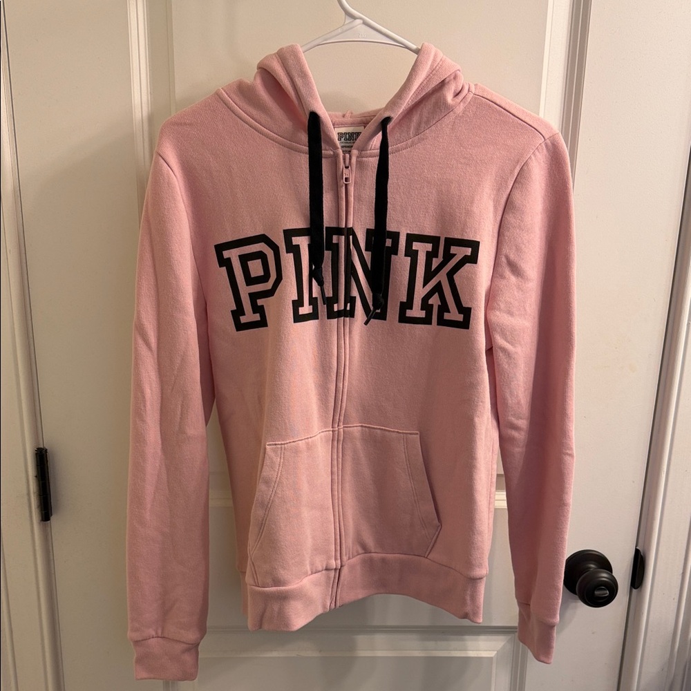 PINK Victoria’s Secret Zip-Up Hoodie in Light Pink with Black Logo